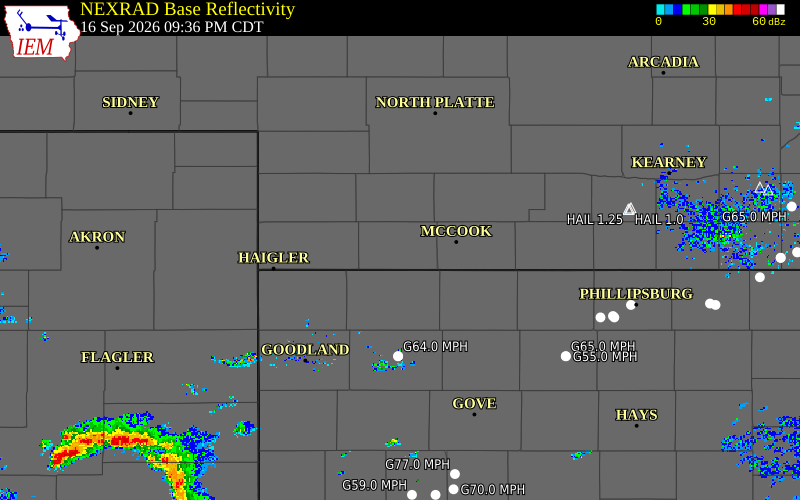 Current NEXRAD radar over Hitchcock County, Nebraska with recent storm report locations