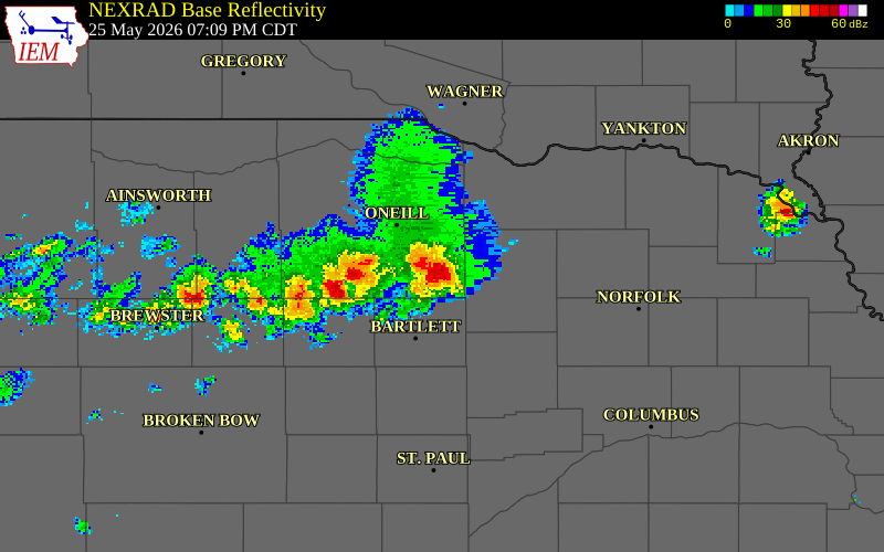 NEXRAD radar during the Monday, May 25, 2026 storm activity in Holt County, Nebraska