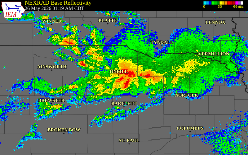 NEXRAD radar during the Tuesday, May 26, 2026 storm activity in Holt County, Nebraska
