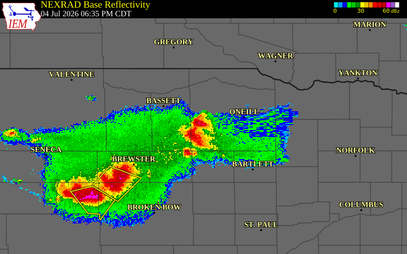 NEXRAD radar during the Saturday, July 4, 2026 storm activity in Holt County, Nebraska