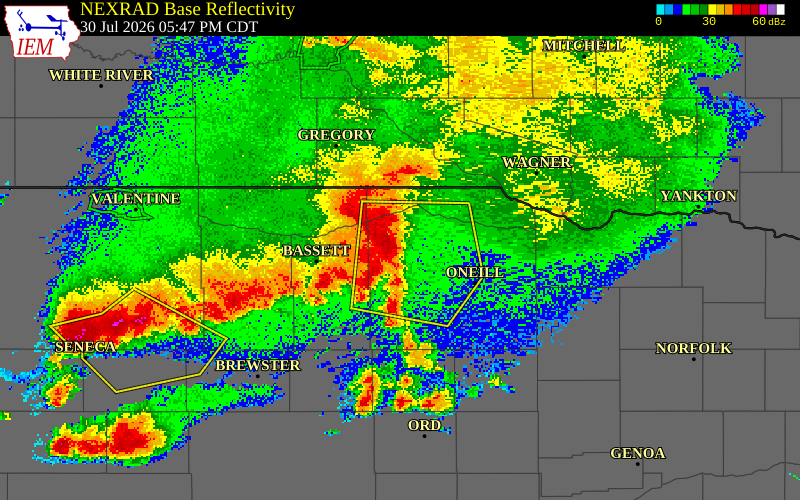 NEXRAD radar during the Thursday, July 30, 2026 storm activity in Holt County, Nebraska