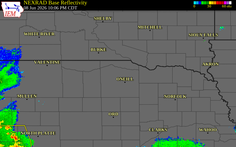 Radar snapshot during the Jun 8, 2026 wind event near 13 NE Atkinson, Holt County, Nebraska, with NWS warning polygons