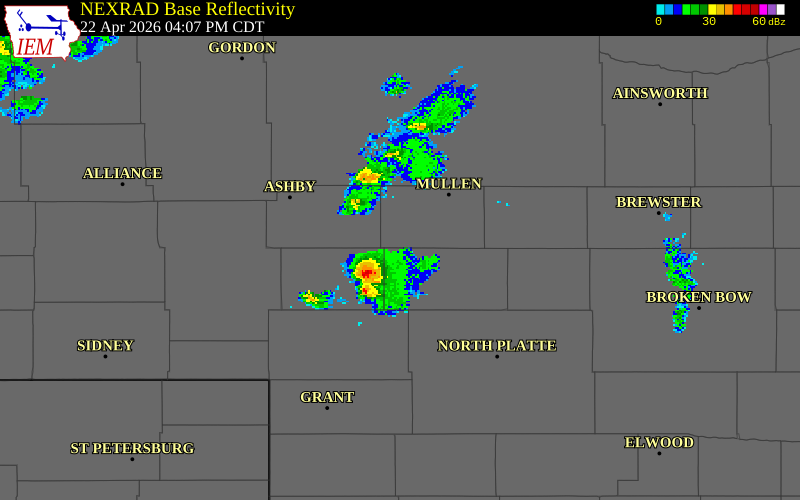 NEXRAD radar during the Wednesday, April 22, 2026 storm activity in Hooker County, Nebraska