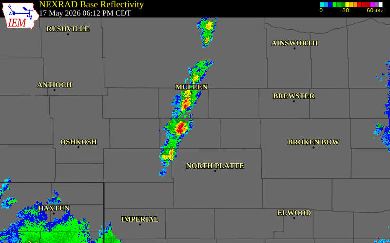 NEXRAD radar during the Sunday, May 17, 2026 storm activity in Hooker County, Nebraska