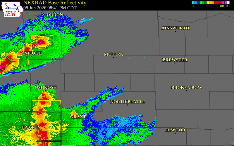 NEXRAD radar during the Monday, June 8, 2026 storm activity in Hooker County, Nebraska