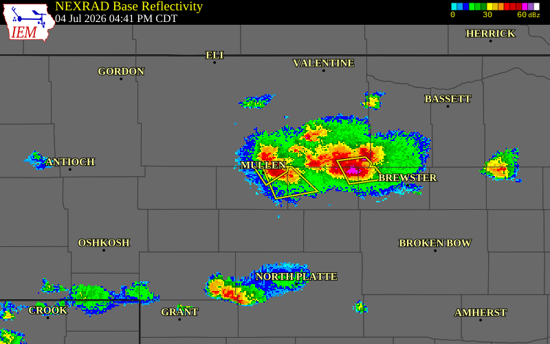 NEXRAD radar during the Saturday, July 4, 2026 storm activity in Hooker County, Nebraska
