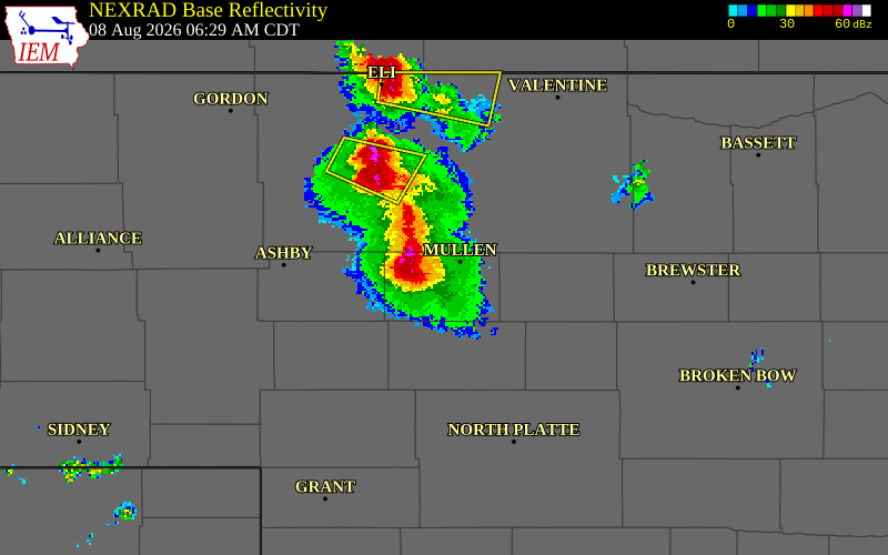 NEXRAD radar during the Saturday, August 8, 2026 storm activity in Hooker County, Nebraska