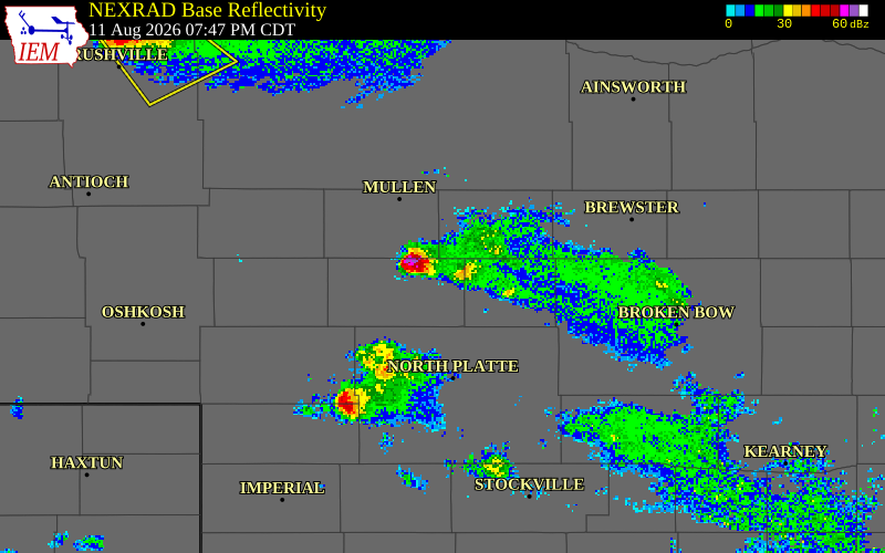 NEXRAD radar during the Tuesday, August 11, 2026 storm activity in Hooker County, Nebraska