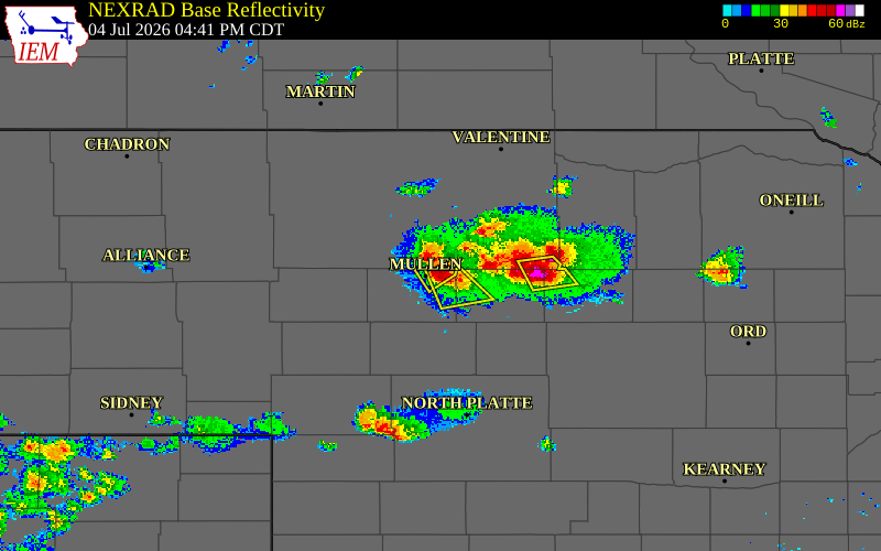 Radar snapshot during the Jul 4, 2026 hail event near 5 E Mullen, Hooker County, Nebraska, with NWS warning polygons