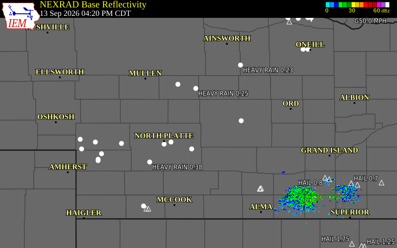 Current NEXRAD radar over Hooker County, Nebraska with recent storm report locations