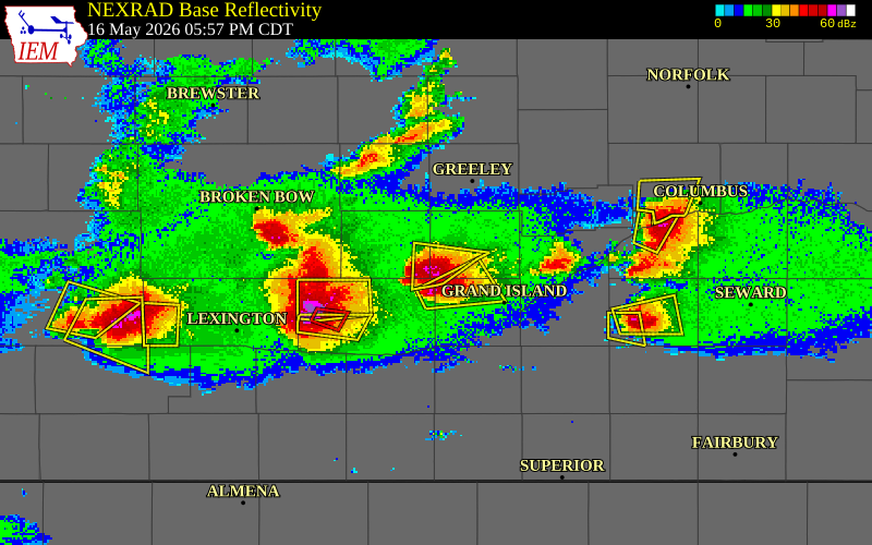 NEXRAD radar during the Saturday, May 16, 2026 storm activity in Howard County, Nebraska