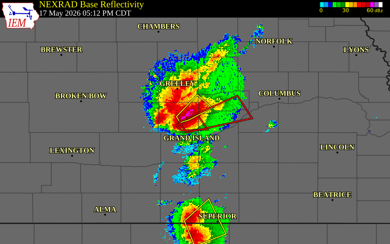 NEXRAD radar during the Sunday, May 17, 2026 storm activity in Howard County, Nebraska
