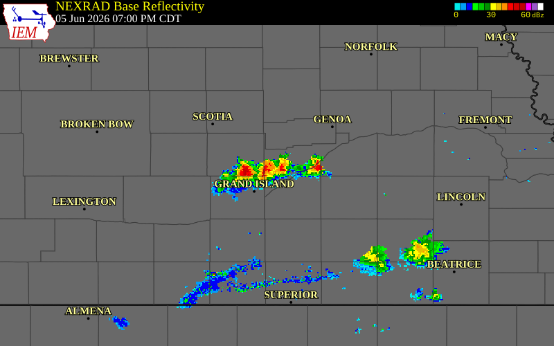 NEXRAD radar during the Friday, June 5, 2026 storm activity in Howard County, Nebraska