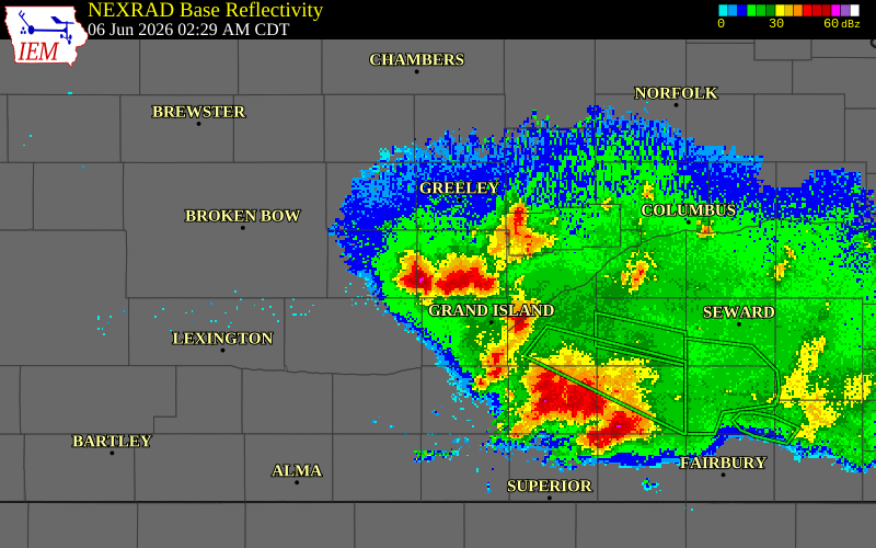 NEXRAD radar during the Saturday, June 6, 2026 storm activity in Howard County, Nebraska