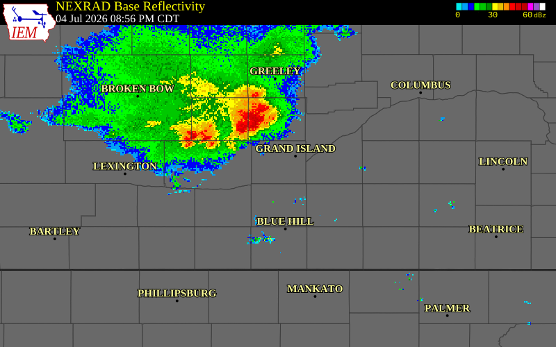 NEXRAD radar during the Saturday, July 4, 2026 storm activity in Howard County, Nebraska