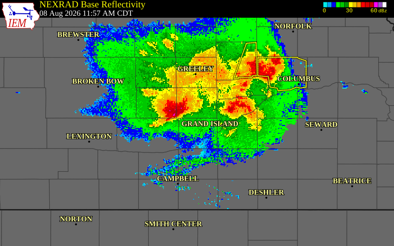 NEXRAD radar during the Saturday, August 8, 2026 storm activity in Howard County, Nebraska