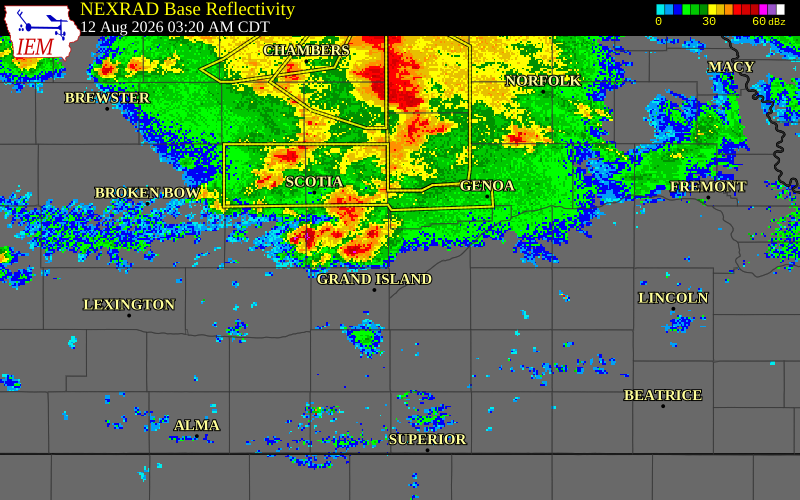 NEXRAD radar during the Wednesday, August 12, 2026 storm activity in Howard County, Nebraska