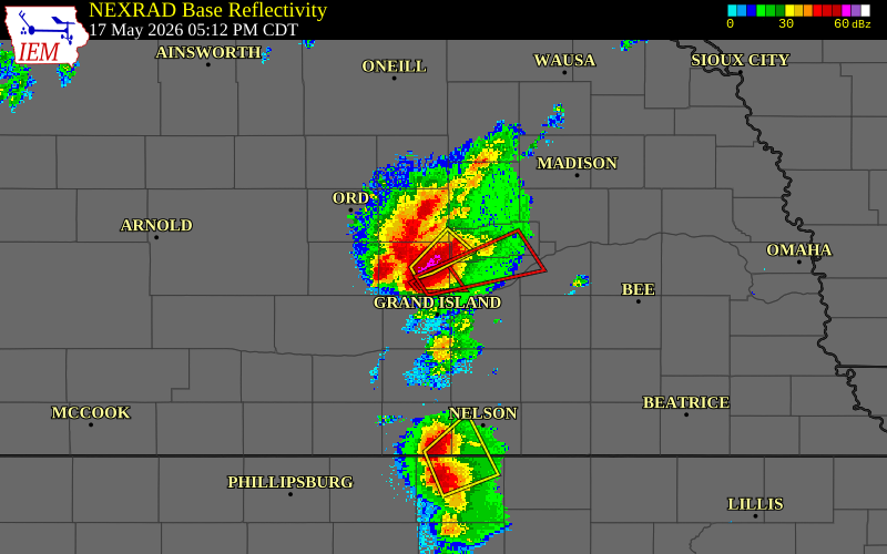 Radar snapshot during the May 17, 2026 tornado event near 7 N Saint Libory, Howard County, Nebraska, with NWS warning polygons