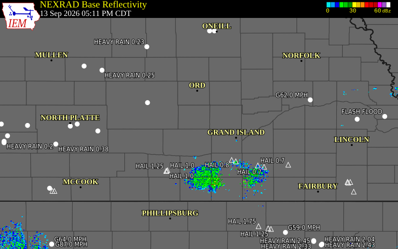 Current NEXRAD radar over Howard County, Nebraska with recent storm report locations