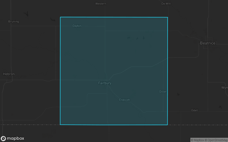 Map of Jefferson County, Nebraska showing the county boundary and surrounding cities
