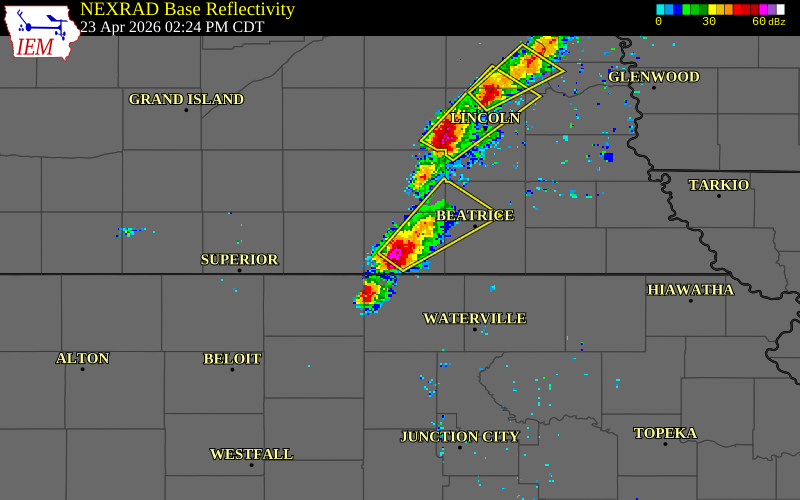 NEXRAD radar during the Thursday, April 23, 2026 storm activity in Jefferson County, Nebraska