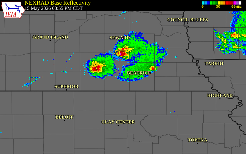 NEXRAD radar during the Friday, May 15, 2026 storm activity in Jefferson County, Nebraska