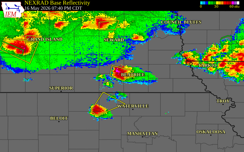 NEXRAD radar during the Saturday, May 16, 2026 storm activity in Jefferson County, Nebraska