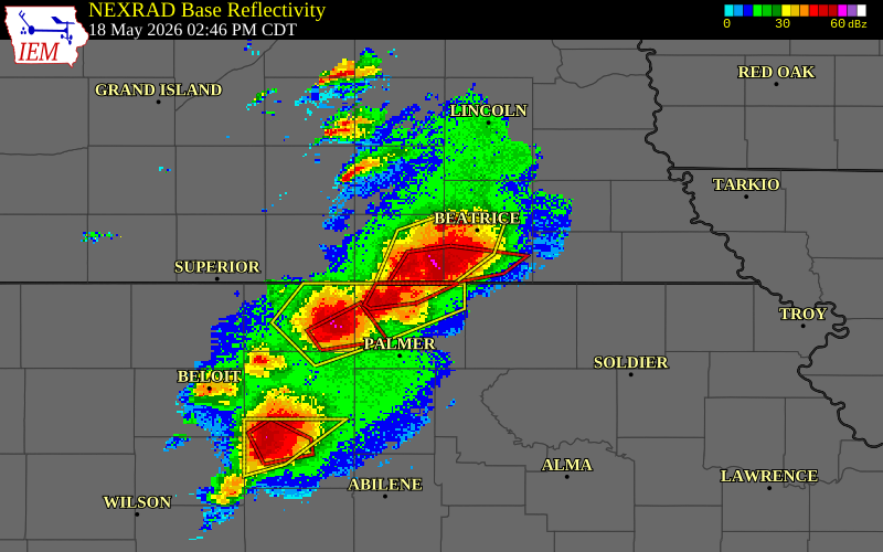 NEXRAD radar during the Monday, May 18, 2026 storm activity in Jefferson County, Nebraska