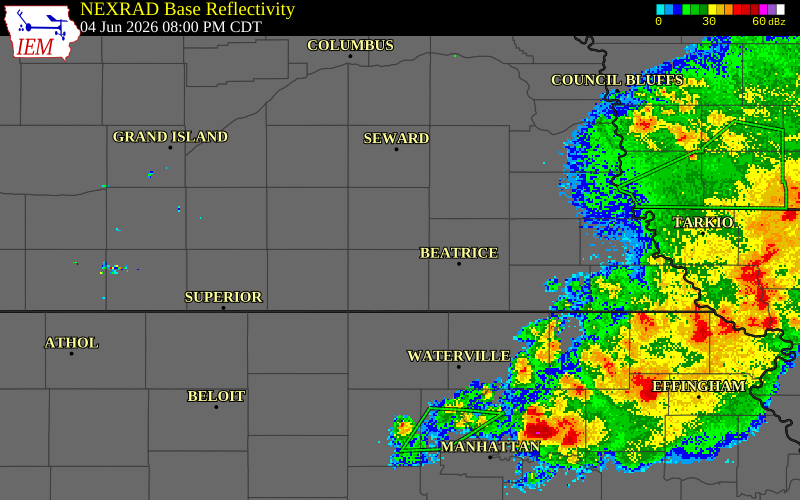 NEXRAD radar during the Thursday, June 4, 2026 storm activity in Jefferson County, Nebraska
