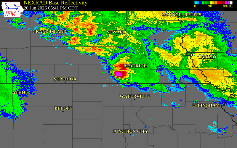 NEXRAD radar during the Saturday, June 20, 2026 storm activity in Jefferson County, Nebraska