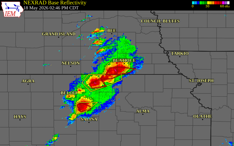 Radar snapshot during the May 18, 2026 tornado event near 5 S Diller, Jefferson County, Nebraska, with NWS warning polygons