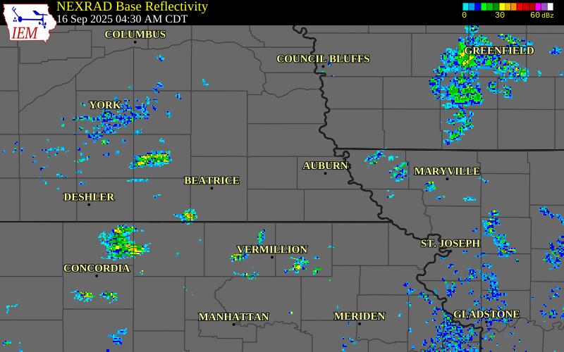 NEXRAD radar during the Tuesday, September 16, 2025 storm activity in Johnson County, Nebraska