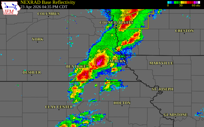NEXRAD radar during the Thursday, April 23, 2026 storm activity in Johnson County, Nebraska