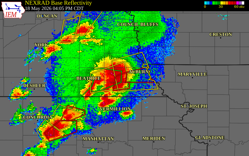 NEXRAD radar during the Monday, May 18, 2026 storm activity in Johnson County, Nebraska