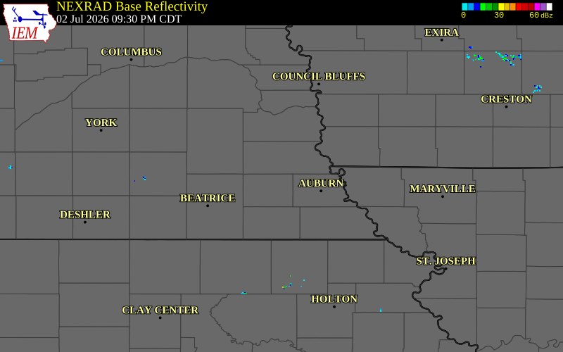 NEXRAD radar during the Thursday, July 2, 2026 storm activity in Johnson County, Nebraska