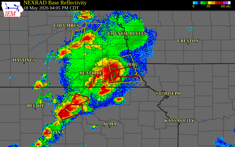 Radar snapshot during the May 18, 2026 tornado event near 4 NNE Elk Creek, Johnson County, Nebraska, with NWS warning polygons