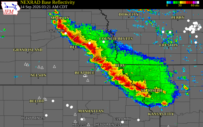 Current NEXRAD radar over Johnson County, Nebraska with recent storm report locations