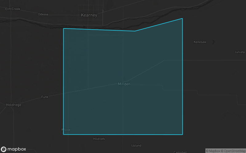 Map of Kearney County, Nebraska showing the county boundary and surrounding cities
