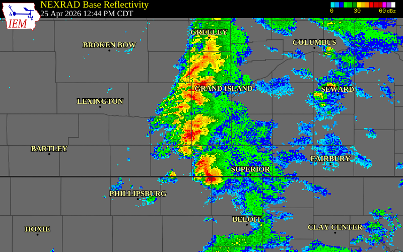 NEXRAD radar during the Saturday, April 25, 2026 storm activity in Kearney County, Nebraska