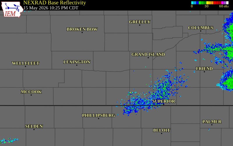 NEXRAD radar during the Friday, May 15, 2026 storm activity in Kearney County, Nebraska