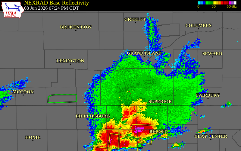 NEXRAD radar during the Monday, June 8, 2026 storm activity in Kearney County, Nebraska