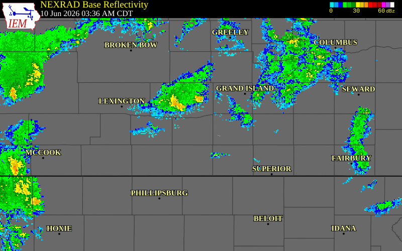 NEXRAD radar during the Wednesday, June 10, 2026 storm activity in Kearney County, Nebraska