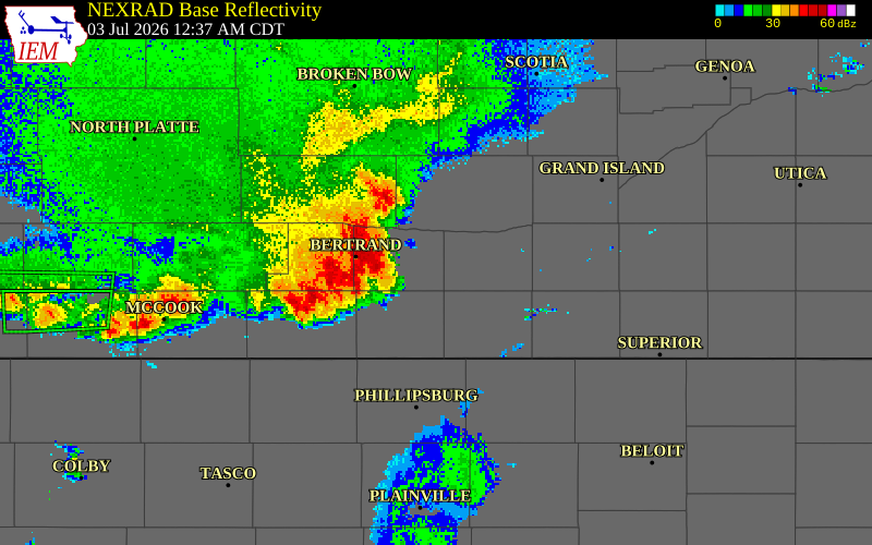 NEXRAD radar during the Friday, July 3, 2026 storm activity in Kearney County, Nebraska