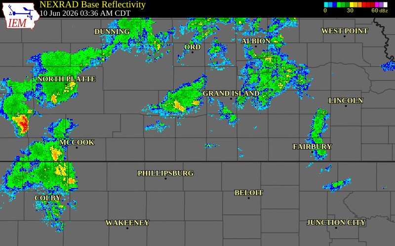 Radar snapshot during the Jun 10, 2026 hail event near 7 NE Minden, Kearney County, Nebraska, with NWS warning polygons