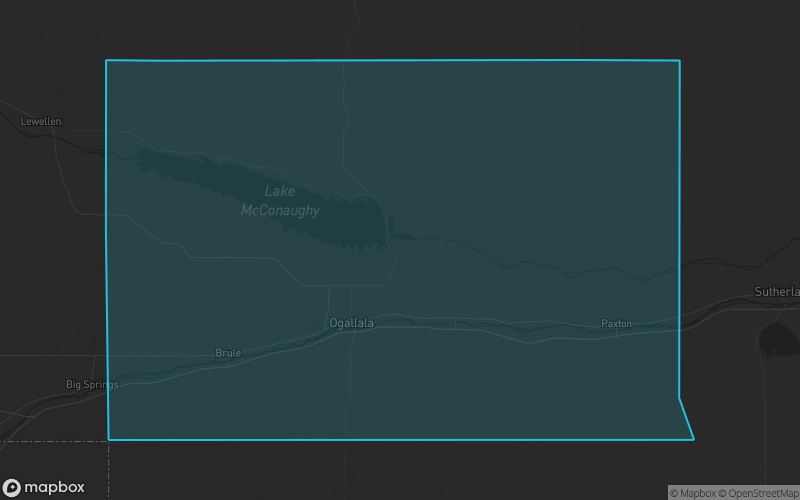 Map of Keith County, Nebraska showing the county boundary and surrounding cities