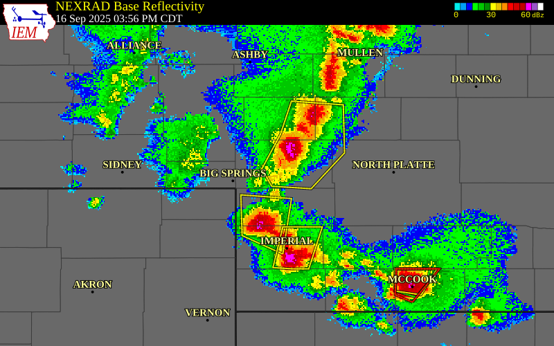 NEXRAD radar during the Tuesday, September 16, 2025 storm activity in Keith County, Nebraska