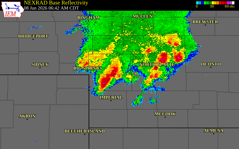 NEXRAD radar during the Monday, June 8, 2026 storm activity in Keith County, Nebraska