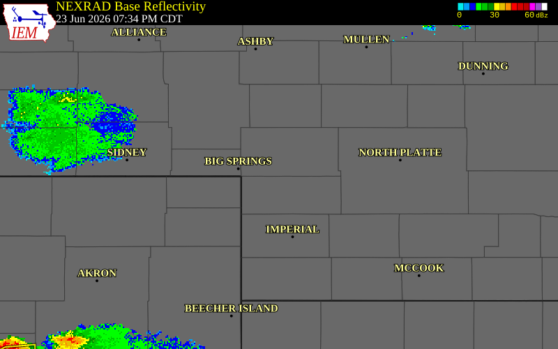 NEXRAD radar during the Tuesday, June 23, 2026 storm activity in Keith County, Nebraska