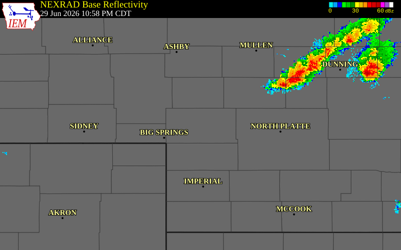 NEXRAD radar during the Monday, June 29, 2026 storm activity in Keith County, Nebraska