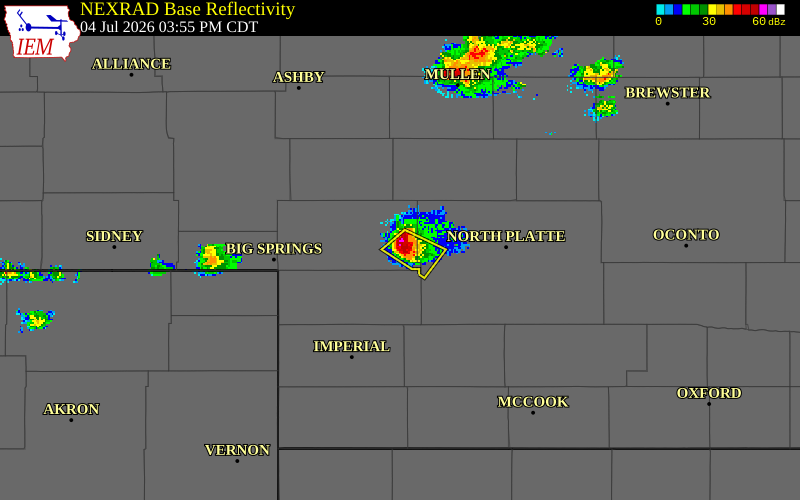 NEXRAD radar during the Saturday, July 4, 2026 storm activity in Keith County, Nebraska